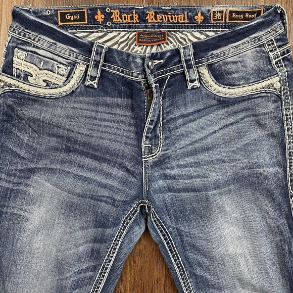 Rock Revival Easy Boot Cut Jeans Women 30 Blue Dark Wash Rhinestone Sequin - Picture 3 of 14
